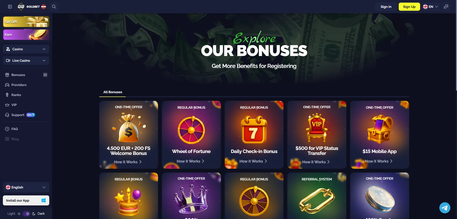 Goldbet Casino бонус пакет до €4500 и 300 Free Spins без депозит